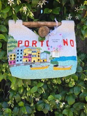 Portofino Beaded Bag with Coastal Scene